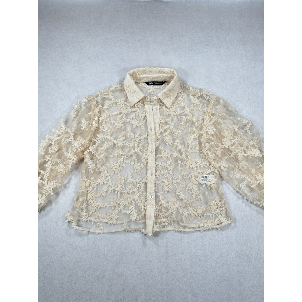 ZARA Cream Sheer Floral Lace Embroidered Cropped Balloon Sleeve Blouse Women's L - Picture 5 of 11